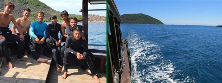 Picture of Sailing Club Divers and government staff on a diving boat on the ocean.