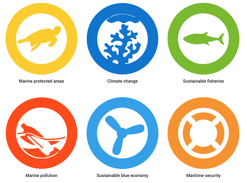 Picture of a graphic with symbols for each of the topics covered by Reef-World's tOur Oceans Conference course: Marine protected areas, climate change, sustainable fisheries, marine pollution, sustainable blue economy and maritime security. 