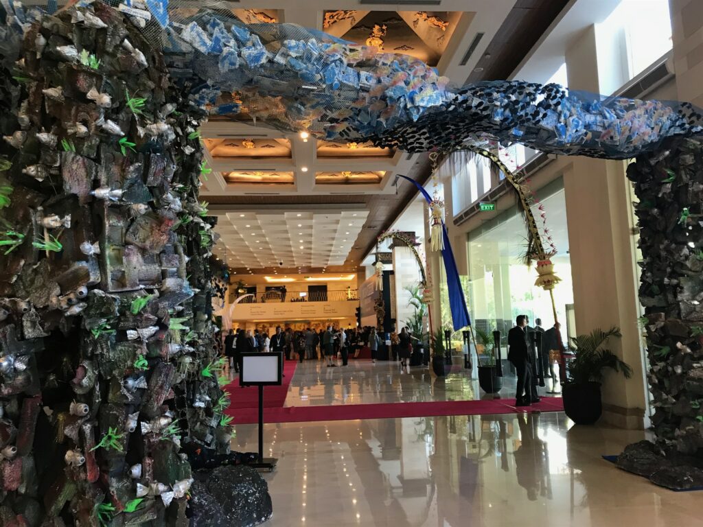 Picture of an art installation made from trash in the main hall of the Our Ocean Conference. 