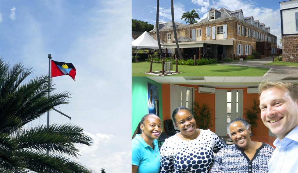 Picture of the Antigua & Barbuda flag, a building and the Reef-World Director with the National Parks Authority team. 