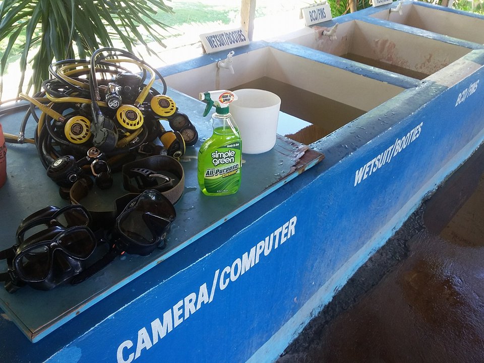 Picture of a cleaning station at a dive centre in Malapascua. As part of their sustainability policy, they are using eco friendly cleaning products.