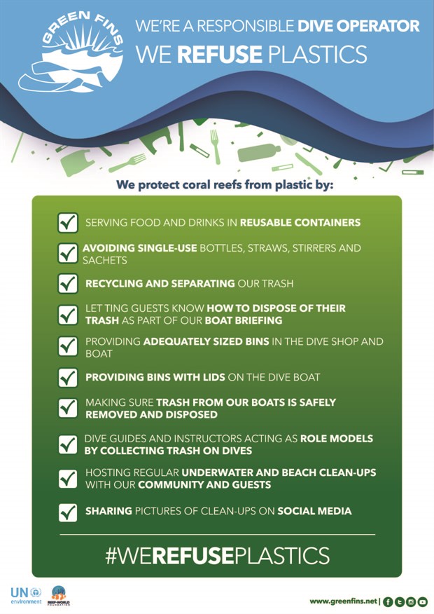 Picture of a Green Fins graphic of a poster about plastics that dive operators can display to be an environmental role model.
