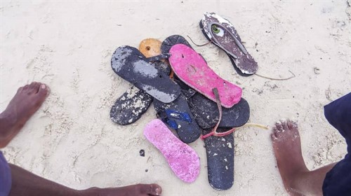 Picture of old footwear collected during a beach clean. 