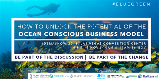 Picture of a graphic with details of the DEMA show: How to Unlock the Potential of the Ocean Conscious Business Model. 