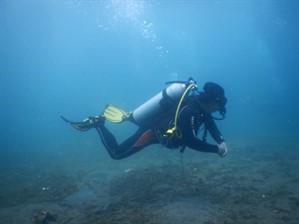 Picture of a scuba diver swimming underwater. 