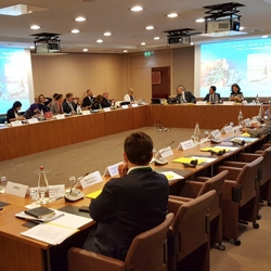 Picture of people sitting sitting around a large meeting table. 