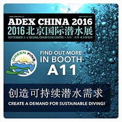 Picture of a graphic promoting the Green Fins booth at ADEX in Beijing, China. 