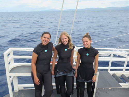 Picture of Sam, Mel and Jula from Reef-World wearing Fourth Element rash guards and wetsuits. 