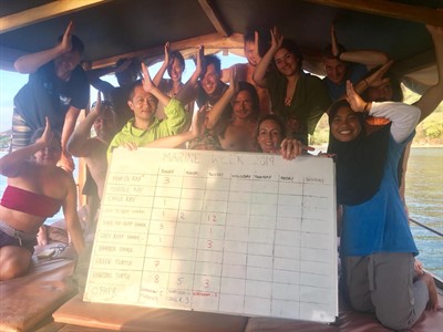 Picture of a group on a boat. They are holding a large chart and making a fin sign with their hands. 