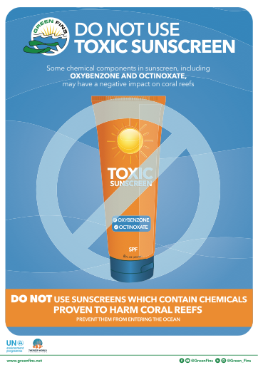 Poster with infographic telling guests not to use non reef-safe sunscreen