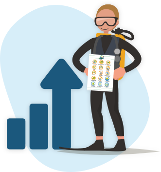 Cartoon of a diver holding Green Fins materials standing next to a bar chart