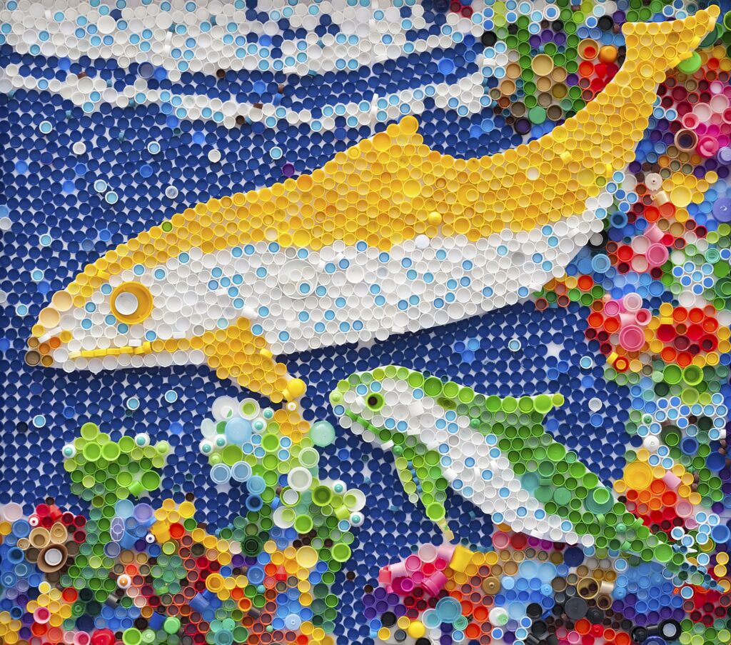 marine mural made from plastic bottle tops