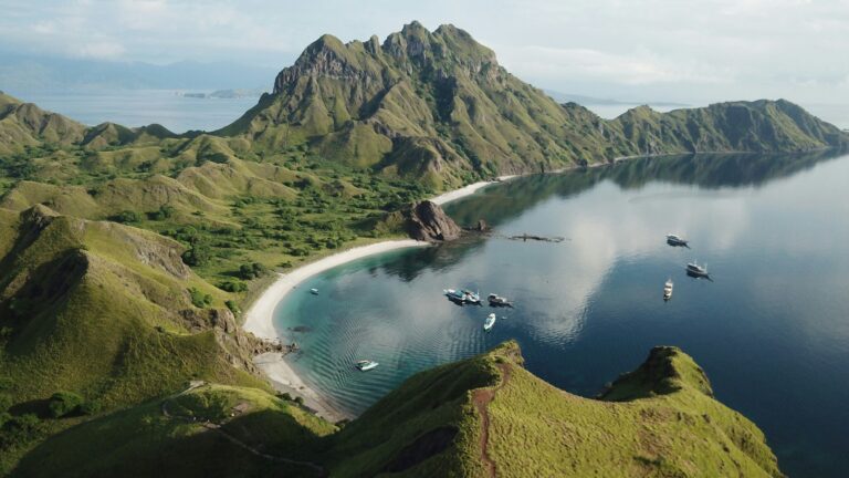 Aerial view of dive boats sheltering in a bay in Komodo
